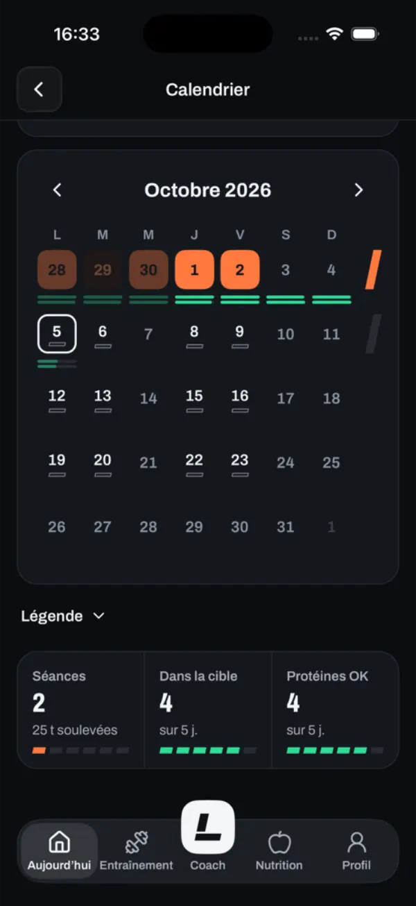 The same calendar in dark mode.