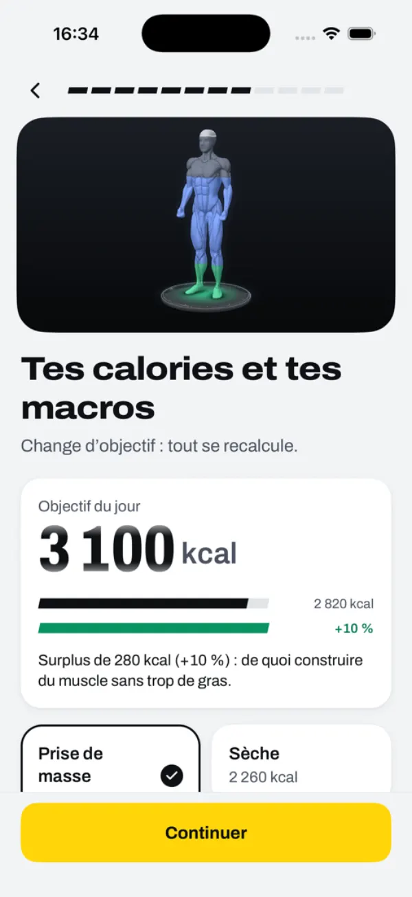 Onboarding, your calories and macros: daily target of 3,100 kcal for a bulk, a 280 kcal surplus.