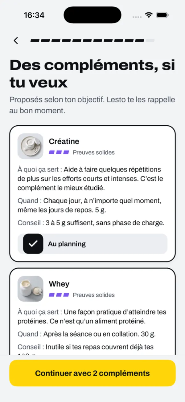 Onboarding, supplements if you want them: creatine and whey, what they do, when to take them, with the level of evidence.