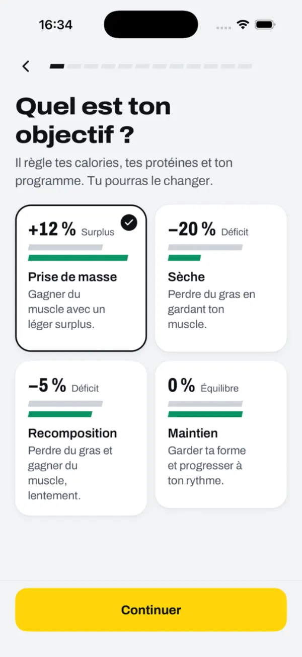 Onboarding, what’s your goal: bulk +12%, cut −20%, recomp −5%, maintain 0%.