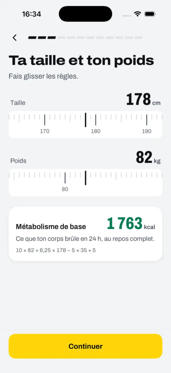 Onboarding, your height and weight: 178 cm and 78 kg, with the basal metabolic rate calculated live, 1,723 kcal, along with its formula.