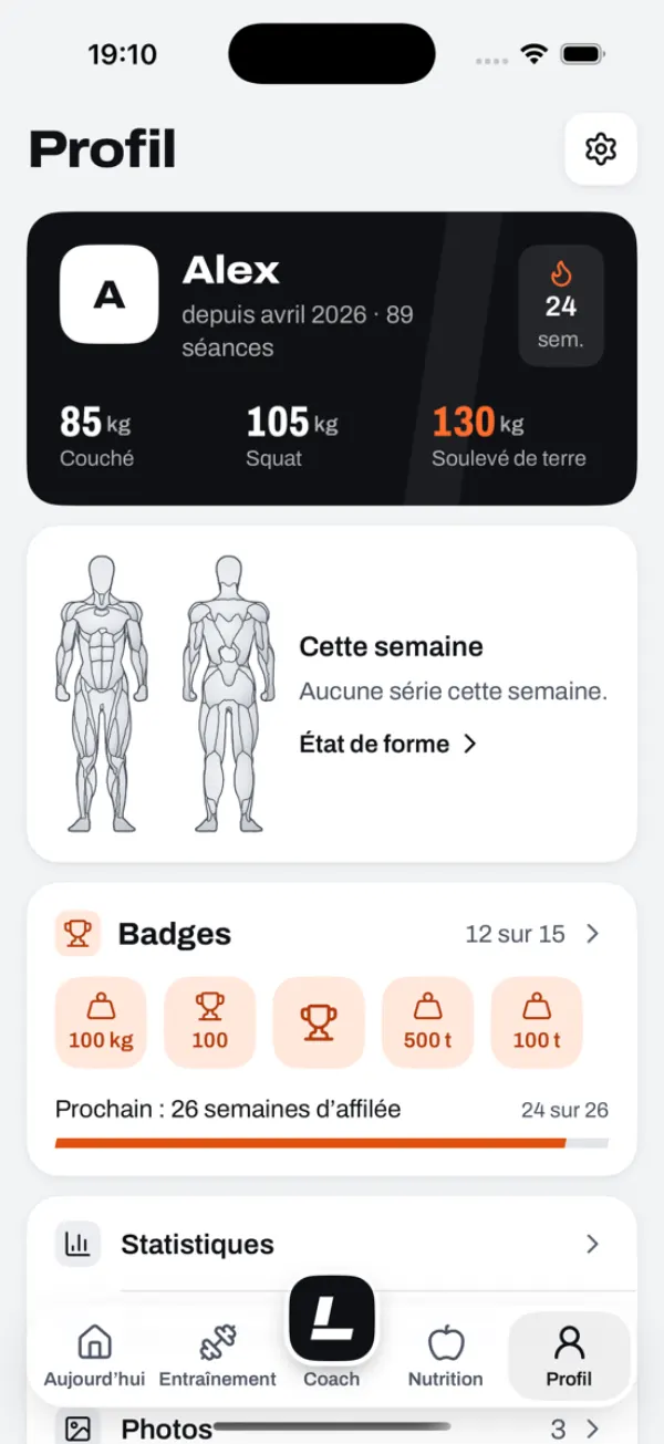 Alex’s profile: athlete card with 85 kg bench press, 105 kg squat, 130 kg deadlift, 24 weeks in a row and 12 of 15 badges.