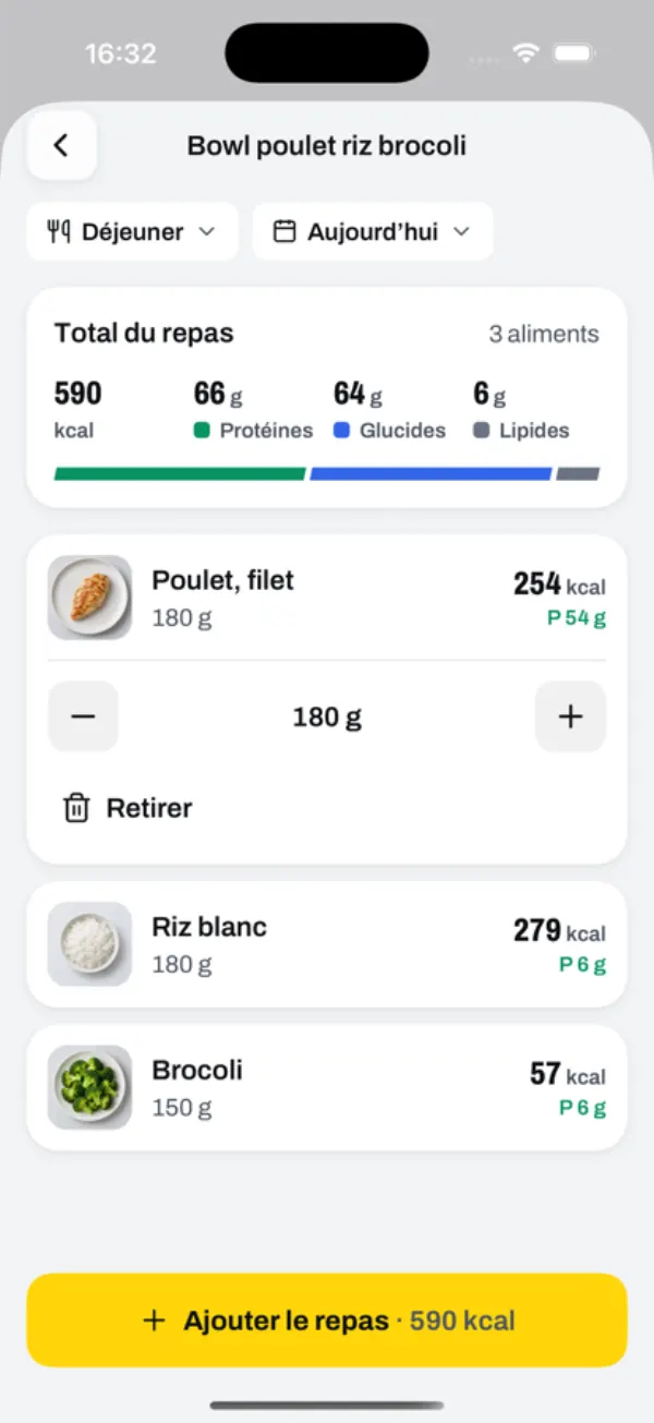 Built meal “Chicken rice broccoli bowl”: 590 kcal, 66 g protein, 64 g carbs, 6 g fat; chicken 180 g, white rice 180 g, broccoli 150 g; Add meal button.