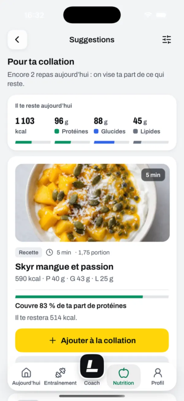 Snack suggestion: mango passion fruit skyr, 590 kcal, 40 g of protein, covering 83% of the remaining protein.